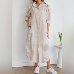 Beige Striped Button-Front Midi Dress